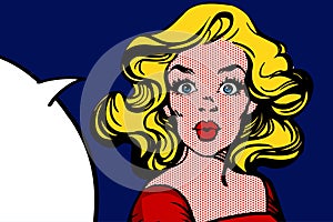 Pop art surprised blond woman face with open mouth and speech bubble. Vector illustration.