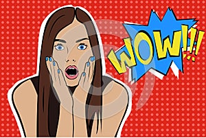 Pop art surprised brunette woman face with open mouth