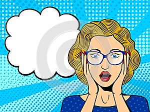 Pop art surprised female face with open mouth. Comic blonde woman in glasses with speech bubble.