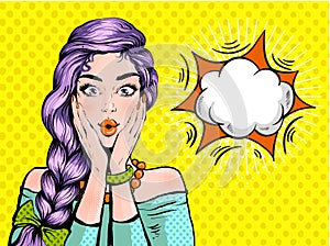 Pop art surprised woman beautiful face with open mouth and bright violet hair on dotted background. Comic woman with