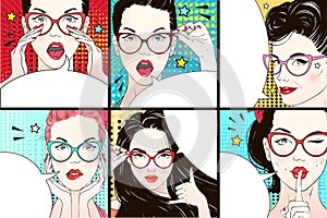 Pop art surprised woman face. Comic woman with speech bubble. Vector illustration