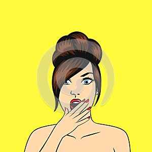 Pop art surprised woman face with open mouth