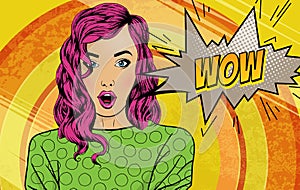 Pop art surprised woman face with open mouth. Comic woman with Wow speech bubble. Vector colorful background in pop art