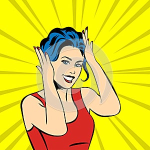 Pop art surprised woman face with smile
