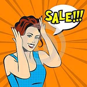 Pop art surprised woman face with smile and a sale speech bubble