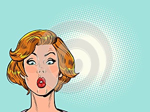 pop art surprised woman looks up. Attention gossip news universal blank background template