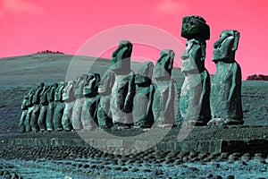 Pop art surreal styled huge Moai statues of Ahu Tongariki, Easter Island, Chile