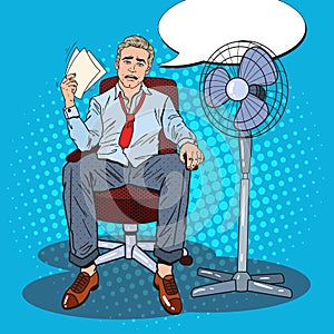 Pop Art Sweating Businessman Due to Hot Climate. Summer Heat
