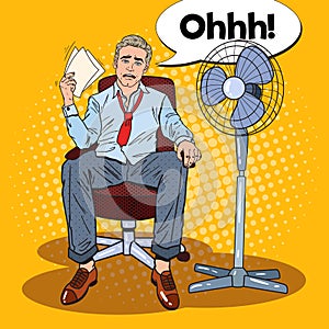 Pop Art Sweating Businessman in Front of Fan at Office Work. Summer Heat