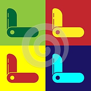 Pop art Swiss army knife icon isolated on color background. Multi-tool, multipurpose penknife. Multifunctional tool