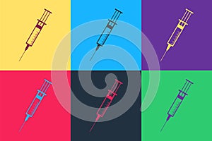 Pop art Syringe icon isolated on color background. Syringe sign for vaccine, vaccination, injection, flu shot. Medical