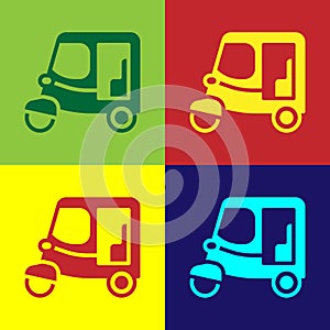 Pop art Taxi tuk tuk icon isolated on color background. Indian auto rickshaw concept. Delhi auto. Vector