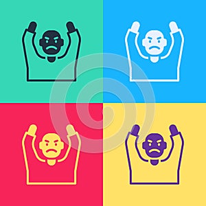 Pop art Thief surrendering hands up icon isolated on color background. Man surrendering with both hands raised in air