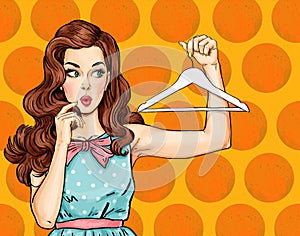 Pop Art thinking girl with hanger. Comic woman. girl. Amazed woman.Vintage advertising poster.