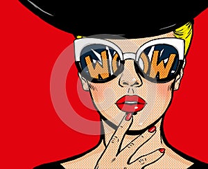 Pop art thinking woman in black hat in glasses.Wow female face.