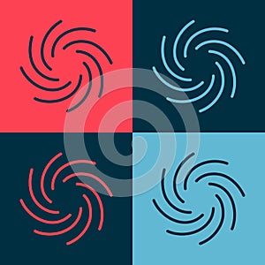 Pop art Tornado icon isolated on color background. Cyclone, whirlwind, storm funnel, hurricane wind or twister weather