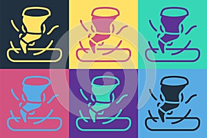 Pop art Tornado icon isolated on color background. Cyclone, whirlwind, storm funnel, hurricane wind or twister weather