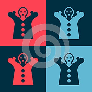 Pop art Toy puppet doll on hand icon isolated on color background. Vector