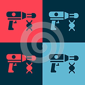 Pop art Transfer liquid gun in biological laborator icon isolated on color background. Vector