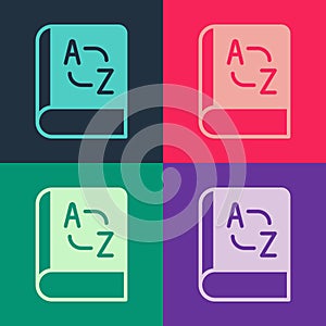 Pop art Translator book icon isolated on color background. Foreign language conversation icons in chat speech bubble