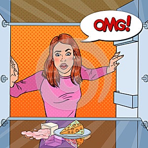 Pop Art Unhappy Hungry Woman Looking in Empty Fridge with Comic Speech Bubble