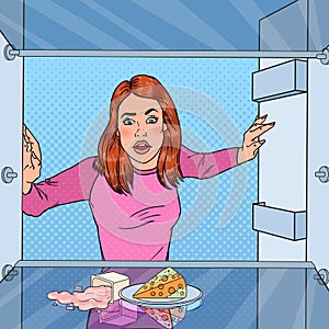 Pop Art Unhappy Hungry Woman Looking in Empty Fridge