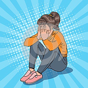 Pop Art Upset Young Girl Sitting on the Floor. Depressed Crying Woman