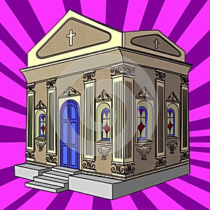 Pop art vector. Crypt, cemetery, church, building.