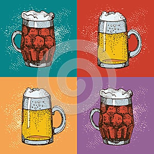 Pop art vector illustration of beer glass mug. Cartoon style background.