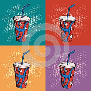 Pop art vector illustration of soda, cola drink. Fast food cartoon background.