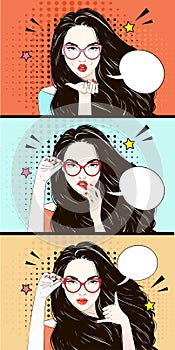 Pop Art Vintage advertising poster comic girl with speech bubble. Pretty girl holds her glasses and look at you vector
