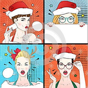 Pop Art Vintage advertising xmas poster comic girl in cat`s eye glasses and red santa hat holds a white banner. Vector