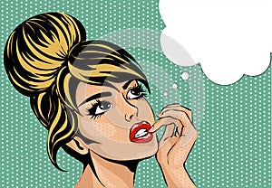 Pop art vintage comic style woman with open eyes dreaming, female portrait with speech bubble