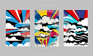 Pop art vintage sky illustration, cartoon retro colorful superhero cover with cool clouds