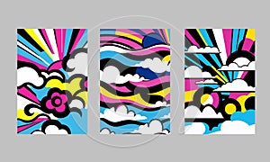 Pop art vintage sky illustration, cartoon retro colorful superhero cover with cool clouds