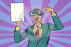Pop art virtual reality VR glasses Businessman points at copy sp