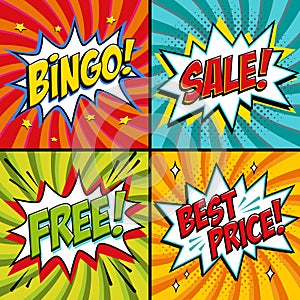 Pop-art web banners. Bingo. Free. Sale. Best price. Lottery game background. Comics pop-art style bang shape on a red