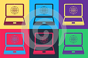 Pop art Website on laptop screen icon isolated on color background. Globe on screen of laptop symbol. World wide web