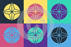 Pop art Wind rose icon isolated on color background. Compass icon for travel. Navigation design. Vector