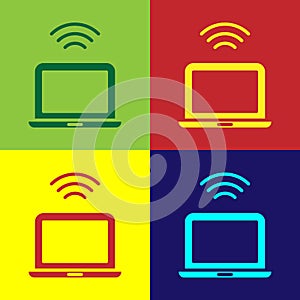Pop art Wireless laptop icon isolated on color background. Internet of things concept with wireless connection. Vector