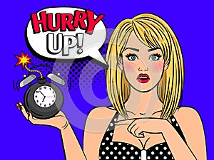 Pop art woman with alarmclock bomb