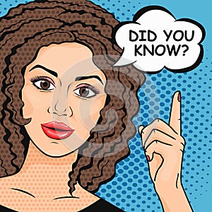 Pop Art woman asking question Did You Know? Retro Wise woman thinking in comic style. Teaching and explaining concept vector photo