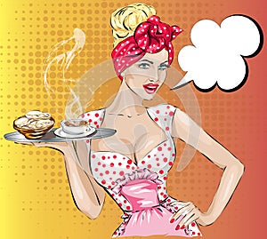 Pop Art woman with breakfast. Pin-up girl speech bubble.