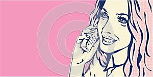 Pop art woman calling phone. Hello woman on the phone. Beautiful secretary talking by telephone.