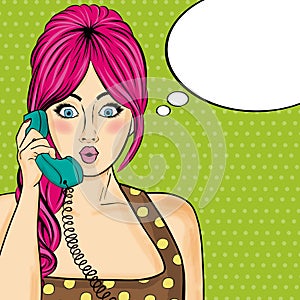 Pop art woman chatting on retro phone . Comic woman with speech