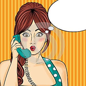 Pop art woman chatting on retro phone . Comic woman with speech