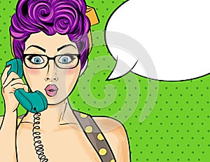 Pop art woman chatting on retro phone . Comic woman with speech