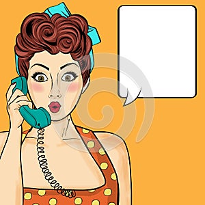 Pop art woman chatting on retro phone . Comic woman with speech
