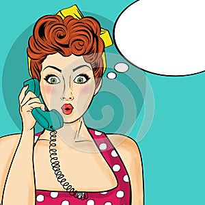 Pop art woman chatting on retro phone . Comic woman with speech