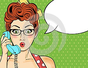 Pop art woman chatting on retro phone . Comic woman with speech